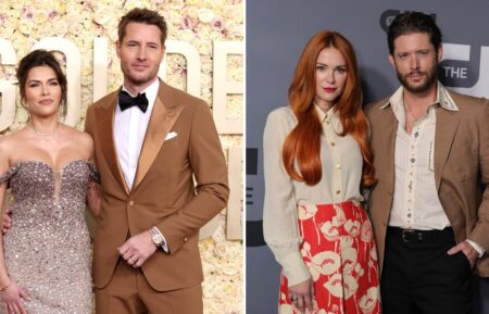 Sofia Pernas and Justin Hartley attend the 81st Annual Golden Globe Awards at The Beverly Hilton on January 07, 2024 in Beverly Hills, California; Danneel Ackles and Jensen Ackles attend the 2022 CW Upfront at New York City Center on May 19, 2022 in New York City.