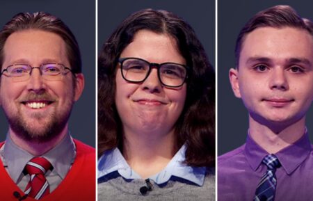 Jeopardy! players (from left) Steve Hoying, Rachael Gray, and Liam Starnes, on April 18, 2025